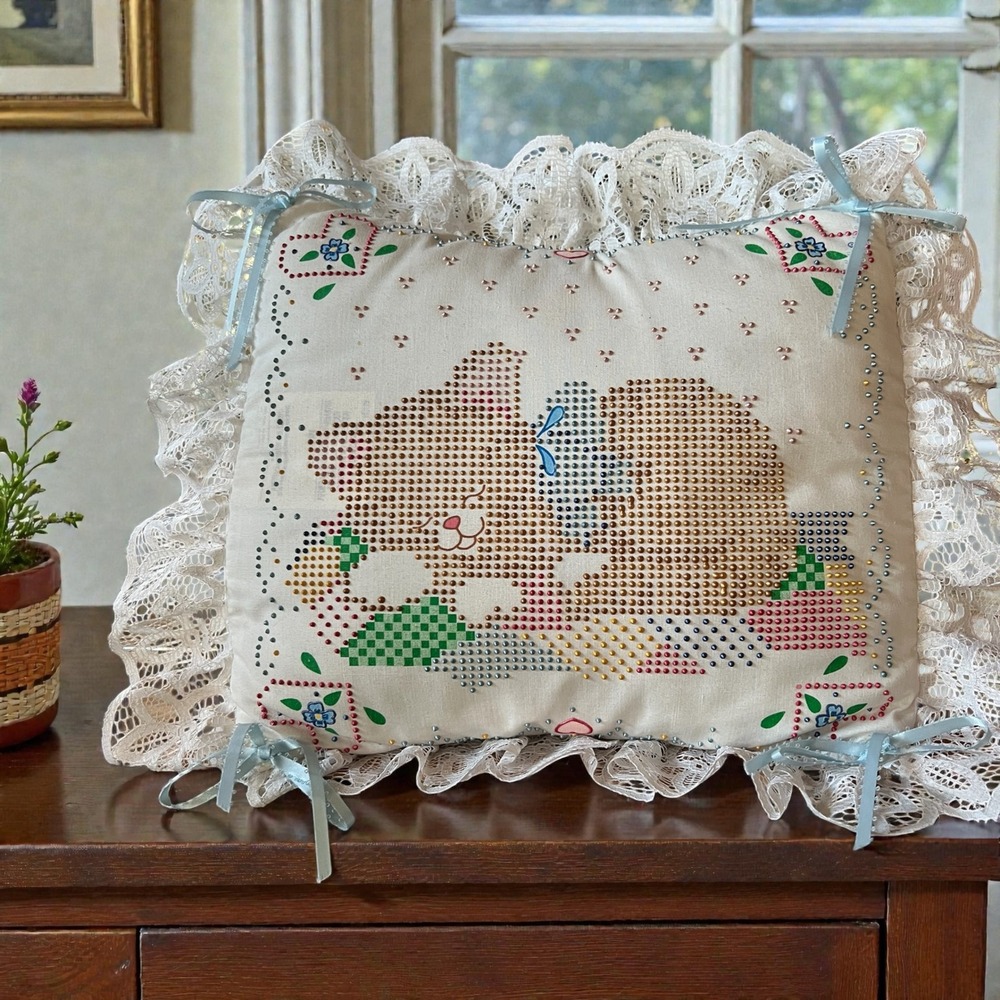 Vintage 90s Finished Bucilla Cat Pillow Cottagecore Girlhood Whimsical Decor‎